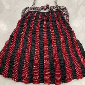 Vintage Art Deco Red Beaded Clasp Top Cocktail Bag with two Silver Chain Handles